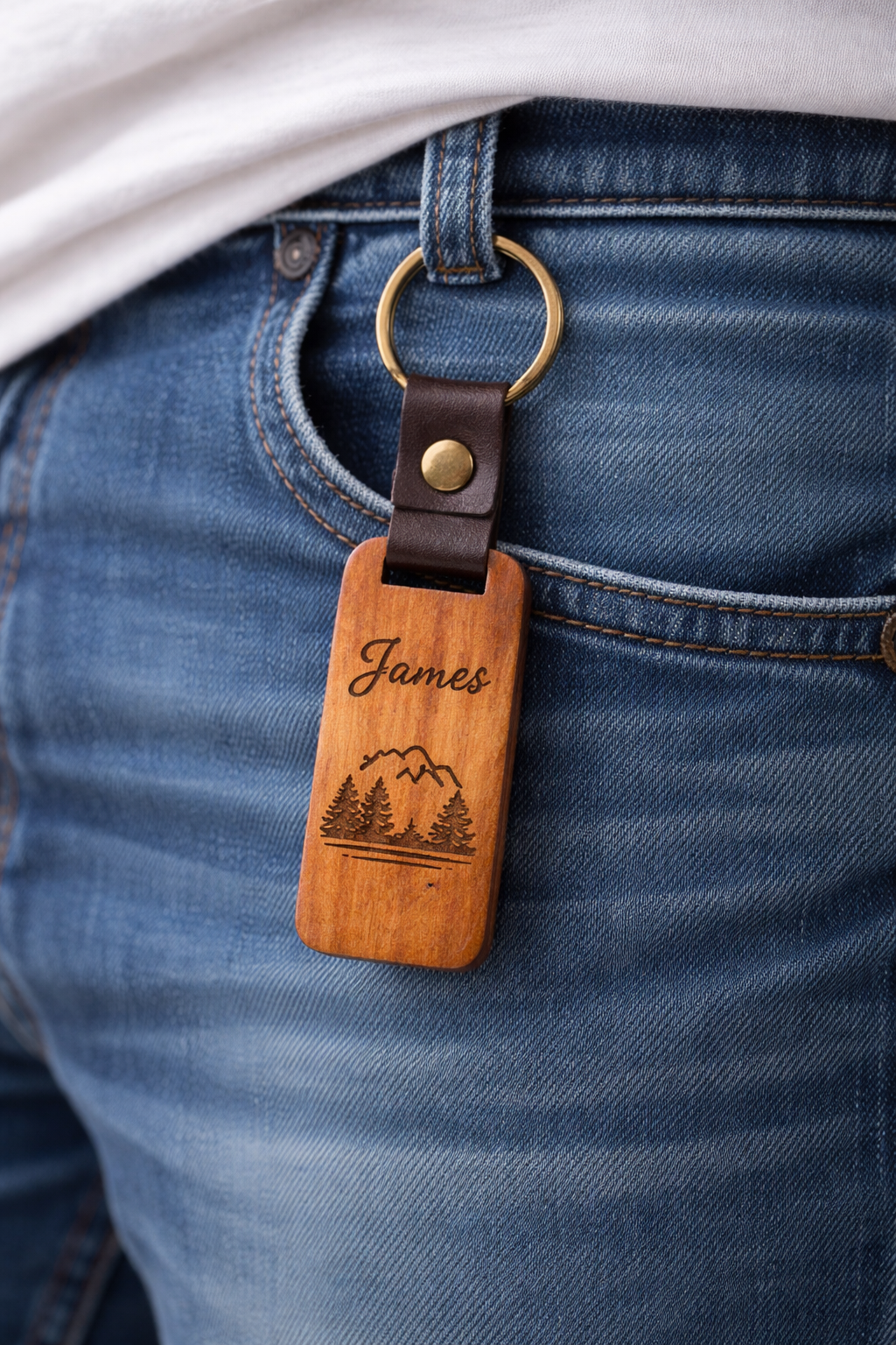 Wooden Keychain Ring with Leather Strip
